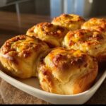 A close-up of warm, fluffy breakfast rolls topped with melted cheese and herbs, ready to be served.