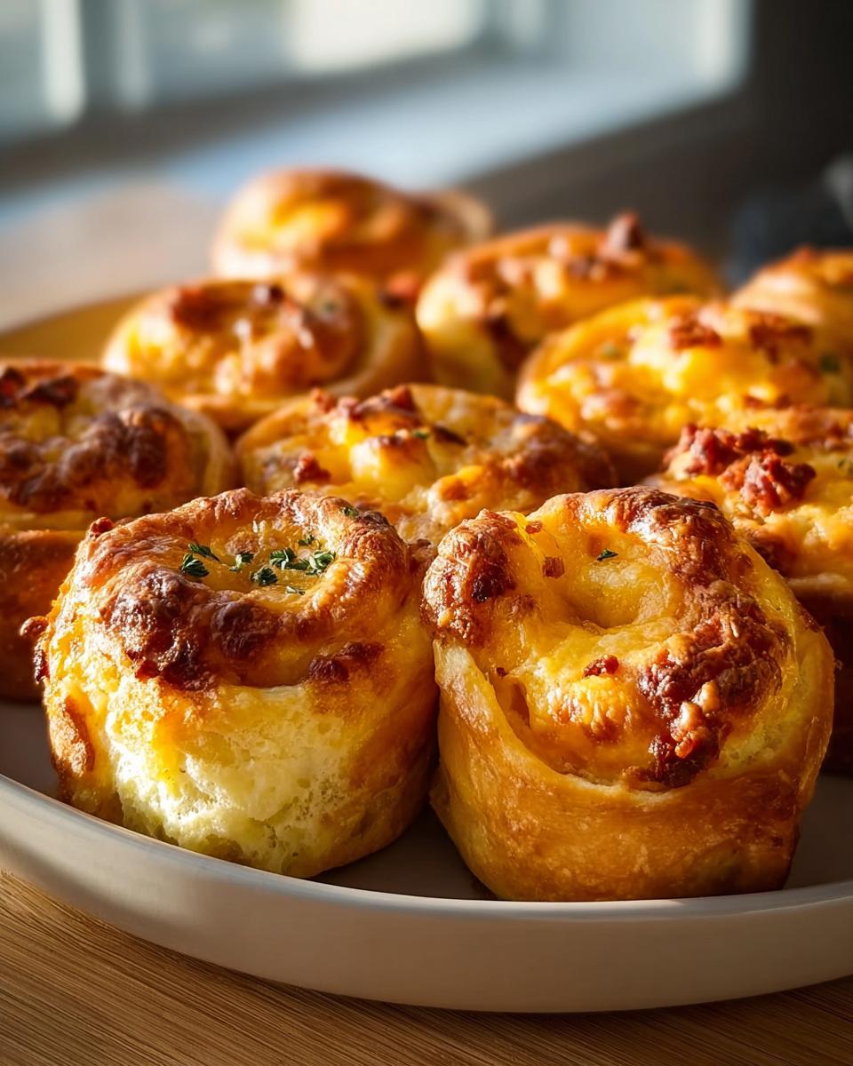 Close-up of warm, fluffy breakfast rolls with melted cheese topping, ready to be served.