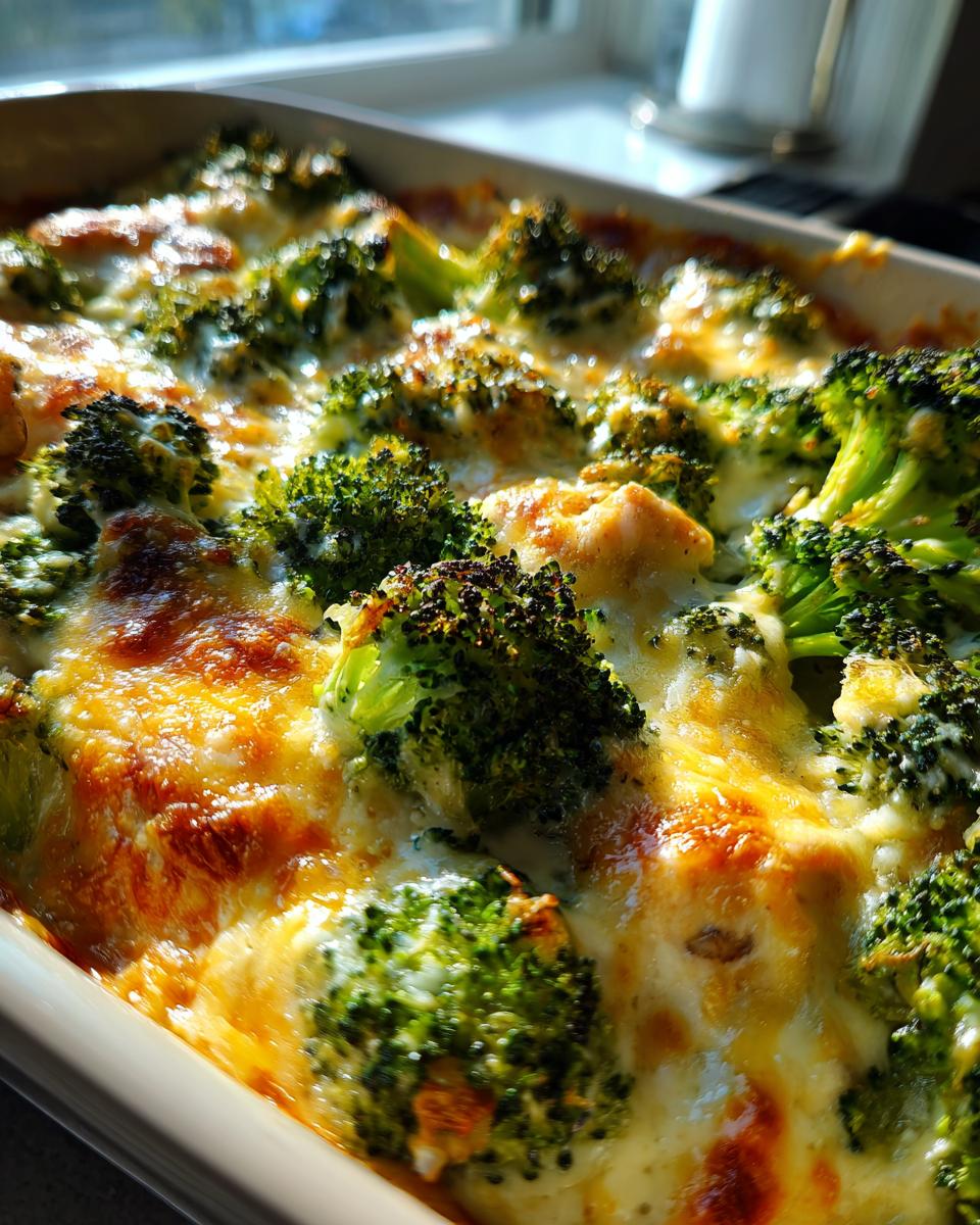 Close-up of a bubbly broccoli cheese bake, a simple low-carb dinner idea, with golden melted cheese and bright green broccoli florets.
