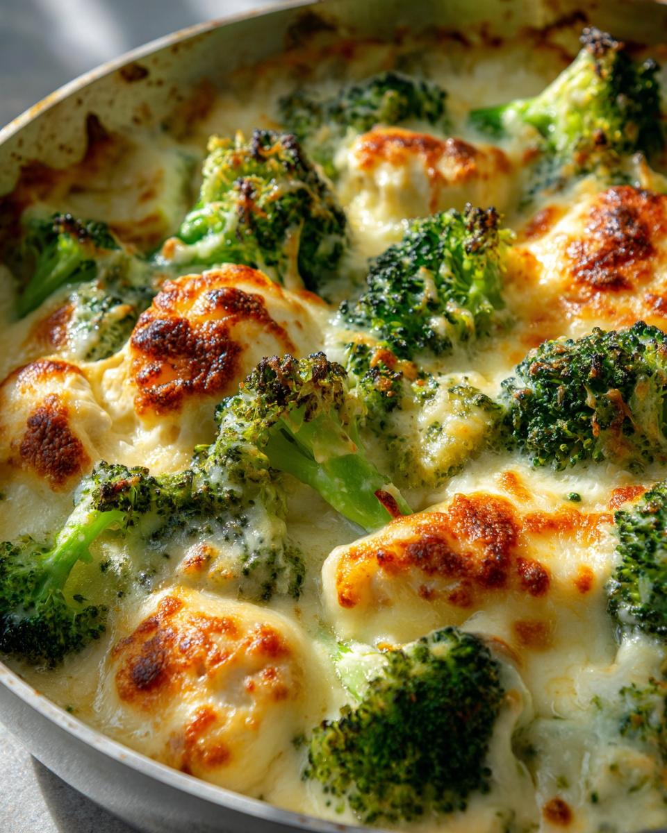 Close-up of a bubbling broccoli cheese bake, a delicious and simple low-carb dinner idea.