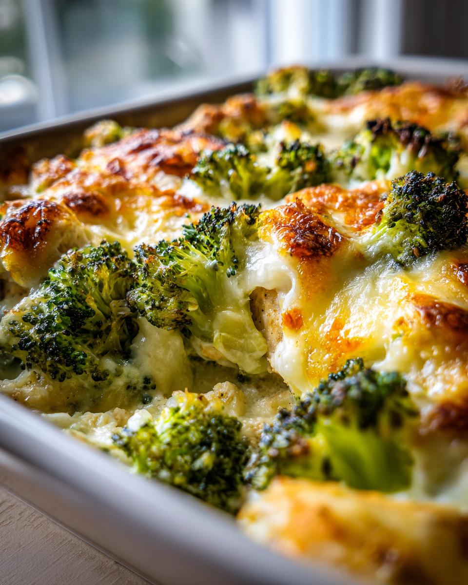 Close-up of a bubbling broccoli and cheese bake, a simple low-carb dinner idea with golden-brown cheese.