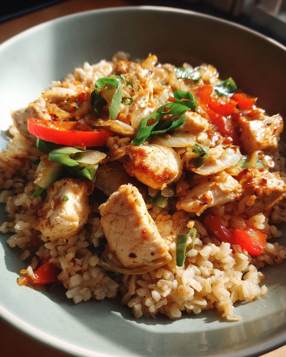 A close-up of a bowl filled with budget-friendly healthy meal prep chicken and rice, featuring tender chicken pieces, colorful bell peppers, and onions.