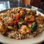 A plate of budget-friendly healthy meal prep chicken stir fry with broccoli, red peppers, and brown rice.