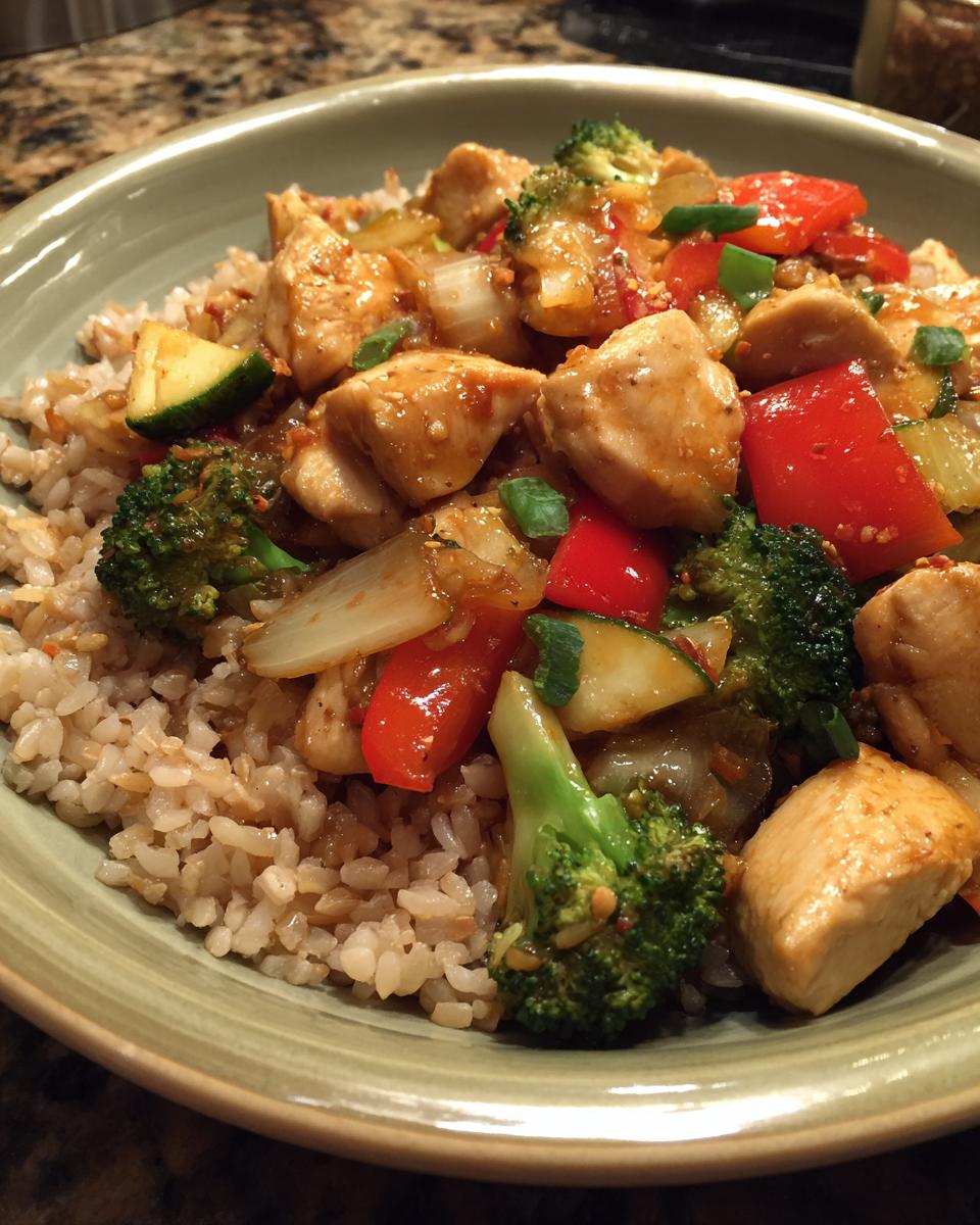A close-up of a bowl filled with brown rice, topped with a colorful stir fry of chicken, broccoli, red bell peppers, and zucchini.