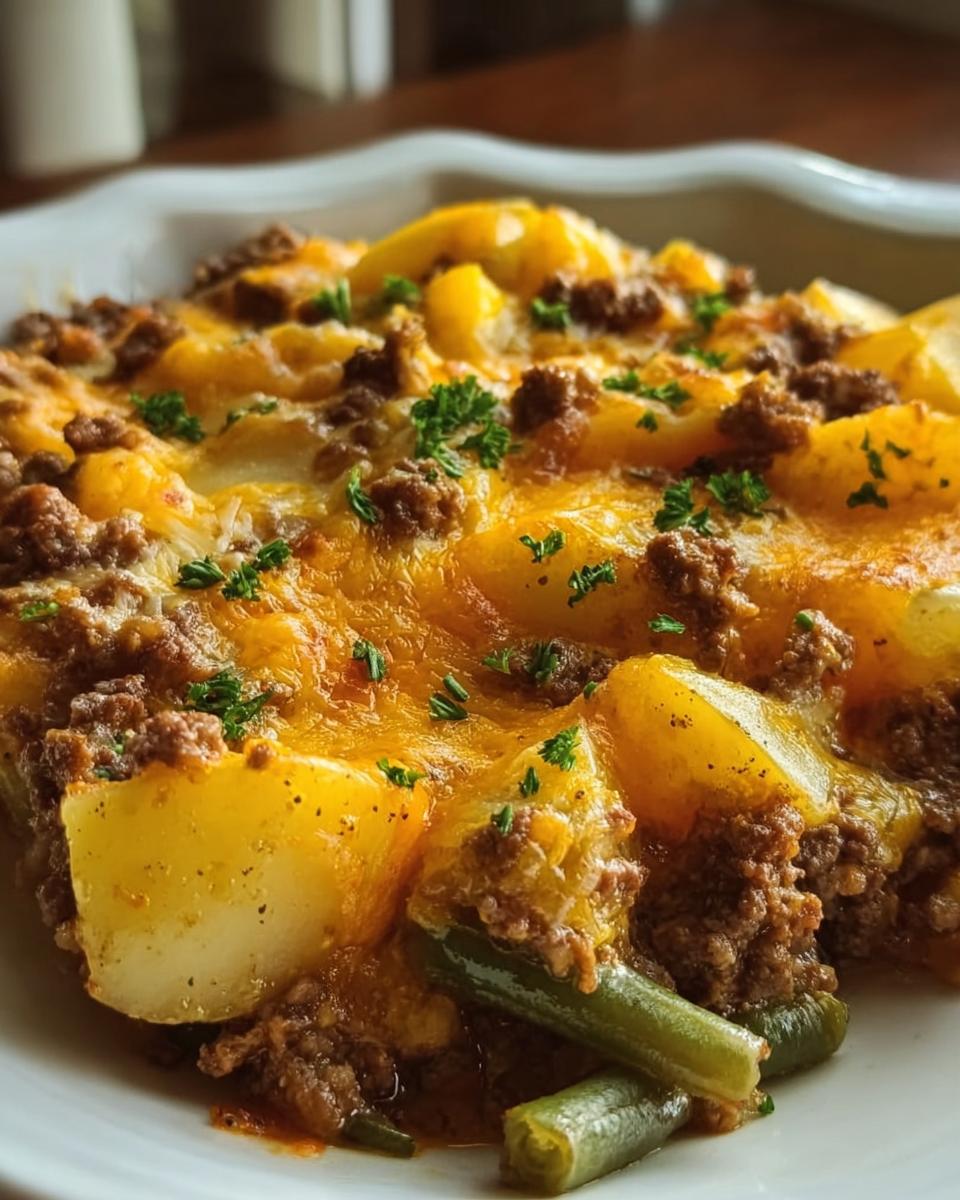 A close-up of Cheesy Ground Beef & Potato Casserole, showing layers of potatoes, seasoned ground beef, melted cheese, and green beans, garnished with parsley.