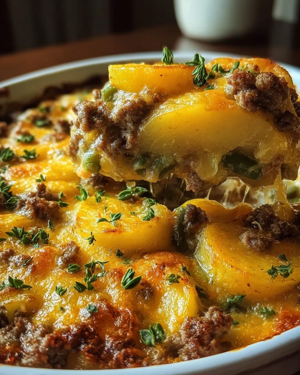 A serving spoon lifts a cheesy slice of ground beef and potato casserole, showing melted cheese and layers of ingredients.