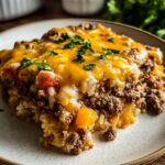 A delicious slice of cheesy ground beef rice casserole, topped with melted cheddar cheese and fresh parsley.