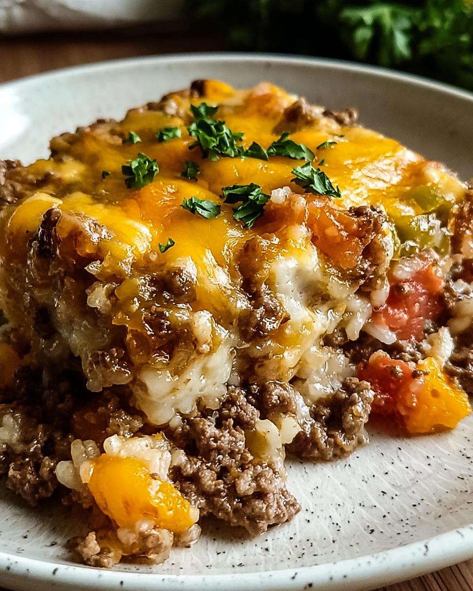 A close-up of a slice of Cheesy Ground Beef Rice Casserole, topped with melted cheese and parsley.