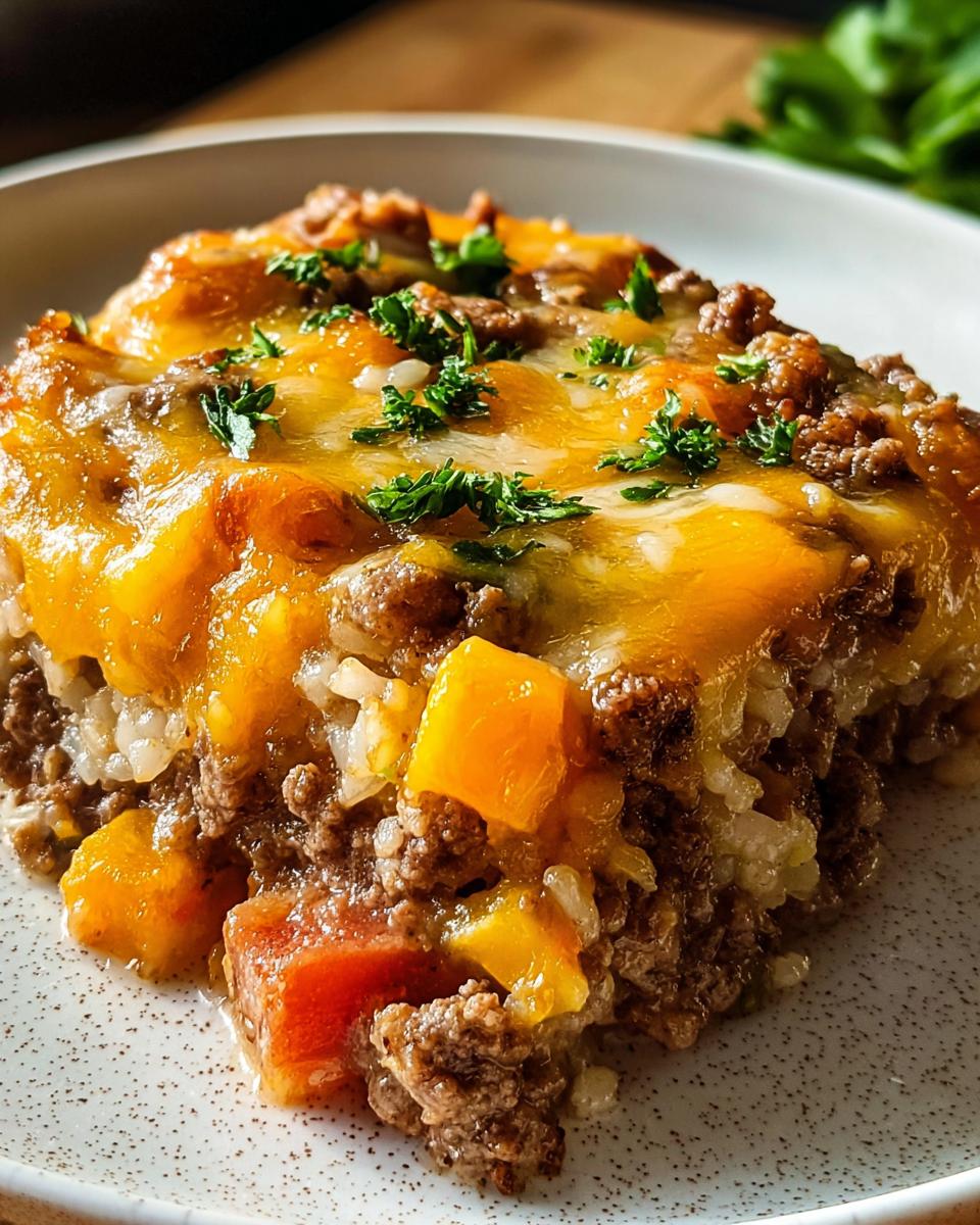 A close-up of a slice of cheesy ground beef and rice casserole, topped with melted cheddar cheese and parsley.