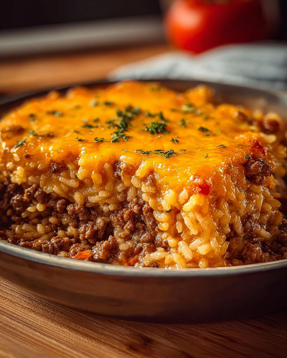 Close-up of Cheesy Hamburger Rice Casserole, showing layers of ground beef and rice topped with melted cheddar cheese and parsley.