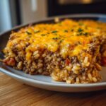 A slice of Cheesy Hamburger Rice Casserole topped with melted cheddar cheese and parsley.