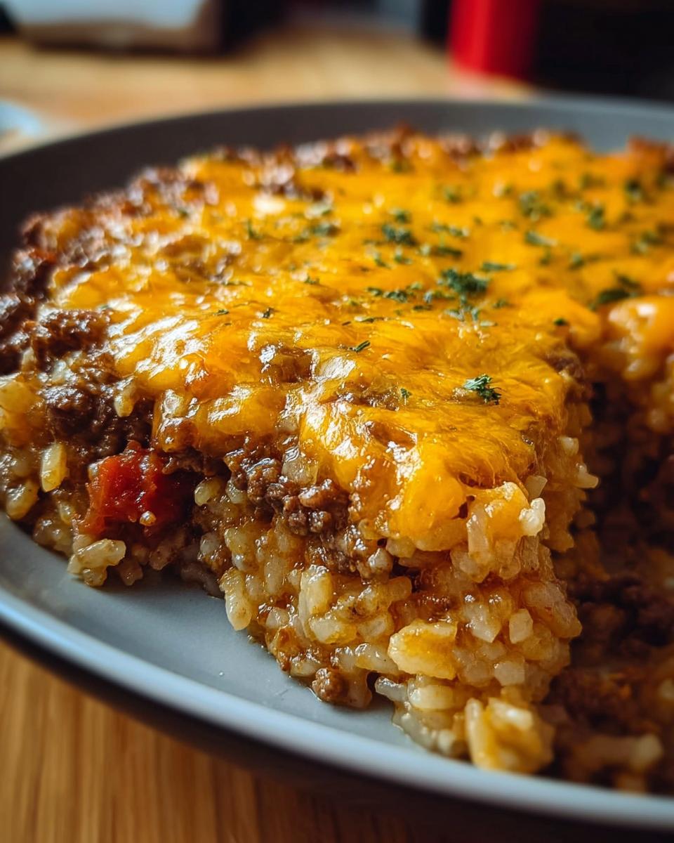 A close-up of a slice of Cheesy Hamburger Rice Casserole, showing layers of rice, ground beef, and melted cheddar cheese.