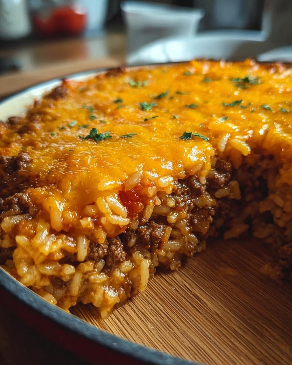 A close-up of a slice of cheesy hamburger rice casserole, showing layers of ground beef, rice, and melted cheese.