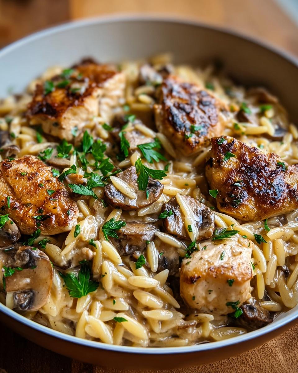Close-up of creamy chicken and mushroom orzo, a delicious and easy weeknight dinner recipe.