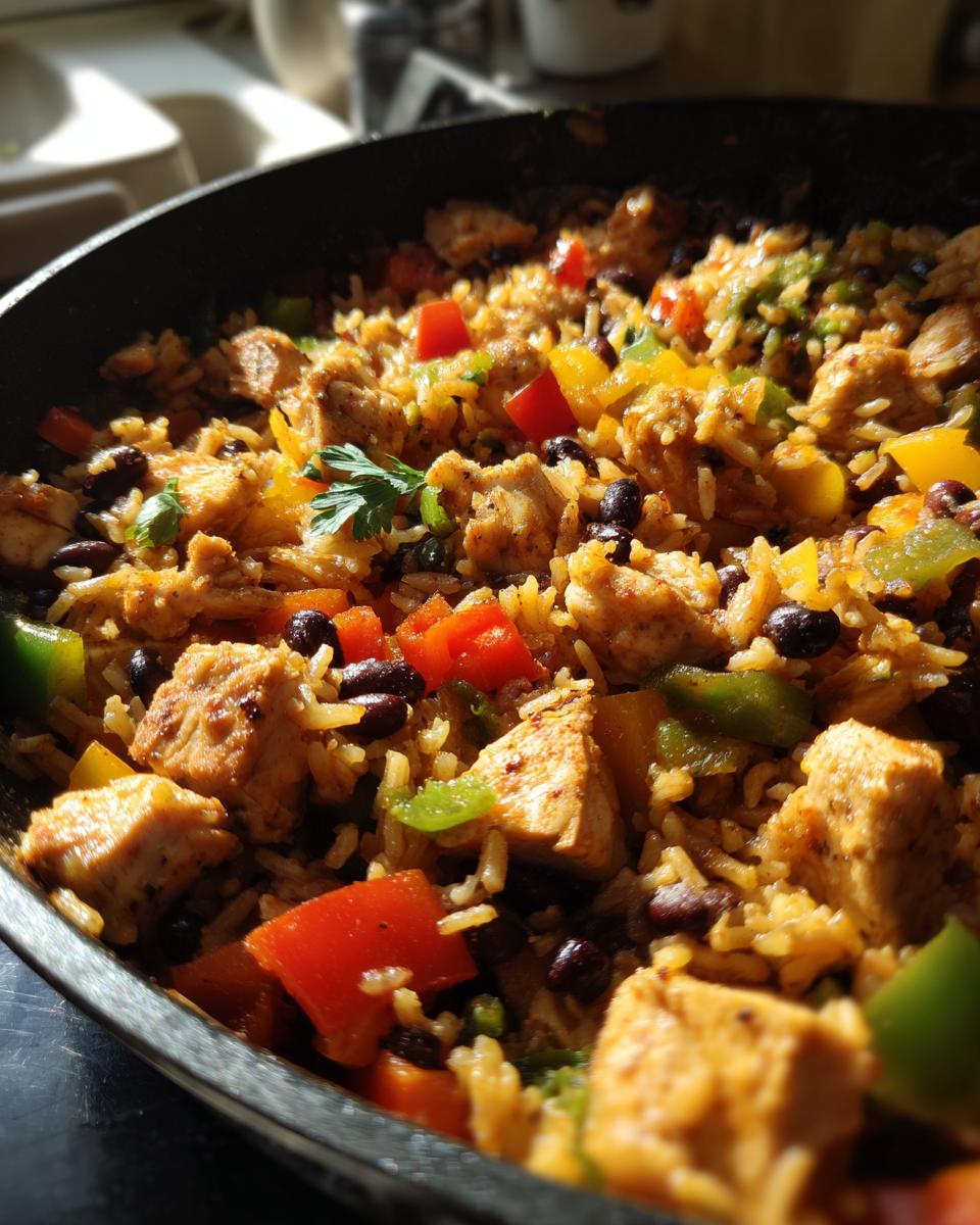 Close-up of a skillet filled with chicken, rice, black beans, and colorful bell peppers, a simple healthy meal.