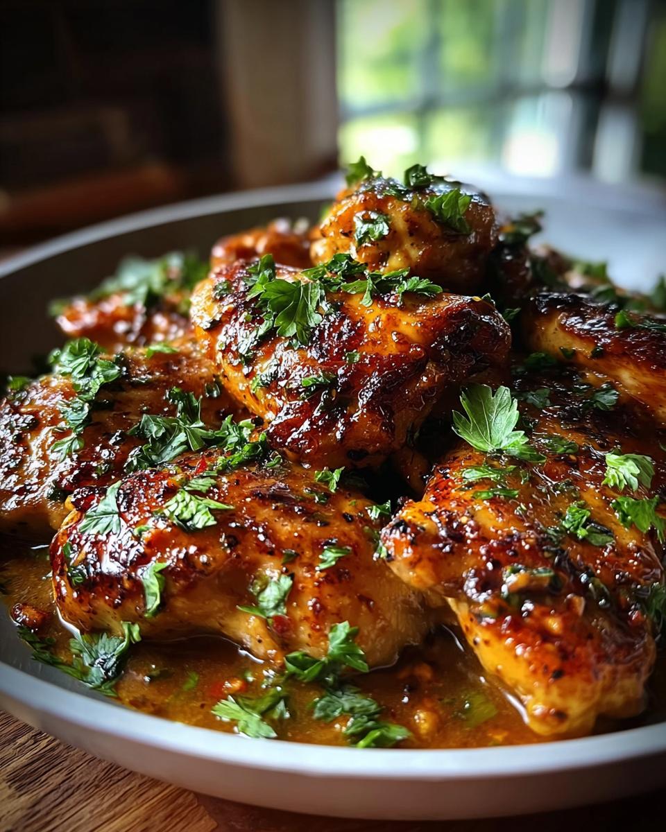 Close-up of glazed chicken thighs, garnished with fresh parsley, ready to be served.