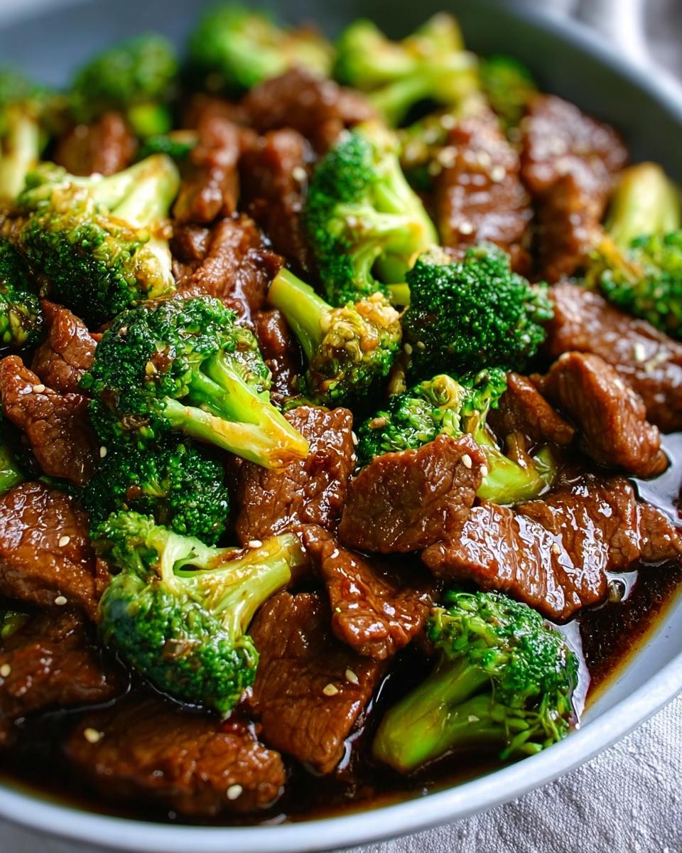 Close-up of a bowl of Chinese Beef and Broccoli, featuring tender beef slices and vibrant broccoli florets in a savory sauce.