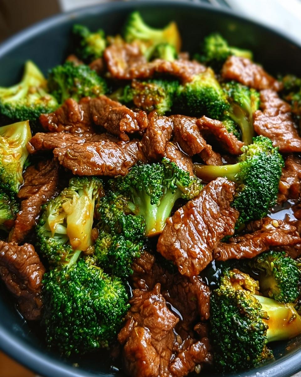 Close-up of Chinese Beef and Broccoli in a dark pan, showcasing tender beef strips and vibrant broccoli florets coated in a glossy sauce.