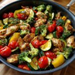 A vibrant one-pan chicken and vegetable stir-fry, featuring broccoli, zucchini, tomatoes, and bell peppers, perfect for clean eating dinner recipes.