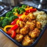 A black meal prep container filled with quinoa, broccoli, bell peppers, and seasoned chicken bites for clean eating meal prep.