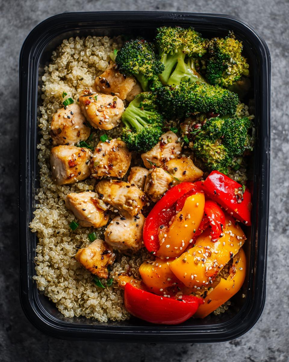 Overhead view of a clean eating meal prep container filled with quinoa, chicken breast pieces, broccoli florets, and sliced bell peppers.