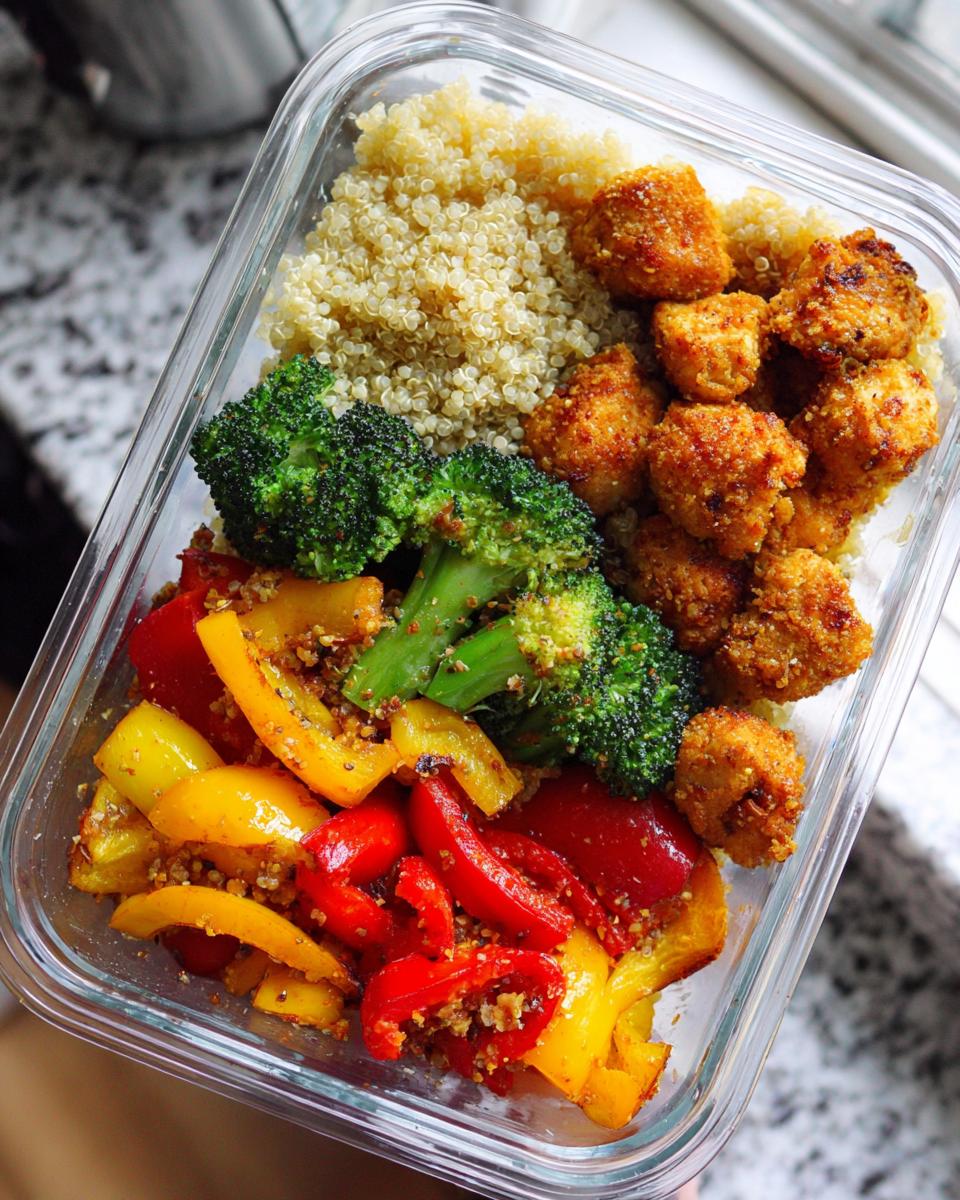 A clear glass container filled with a clean eating meal prep: breaded chicken bites, quinoa, steamed broccoli, and sautéed bell peppers.