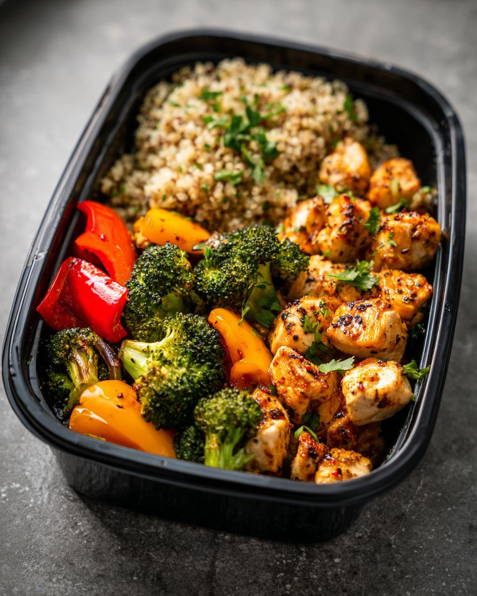 A black meal prep container filled with clean eating chicken, broccoli, bell peppers, and quinoa.