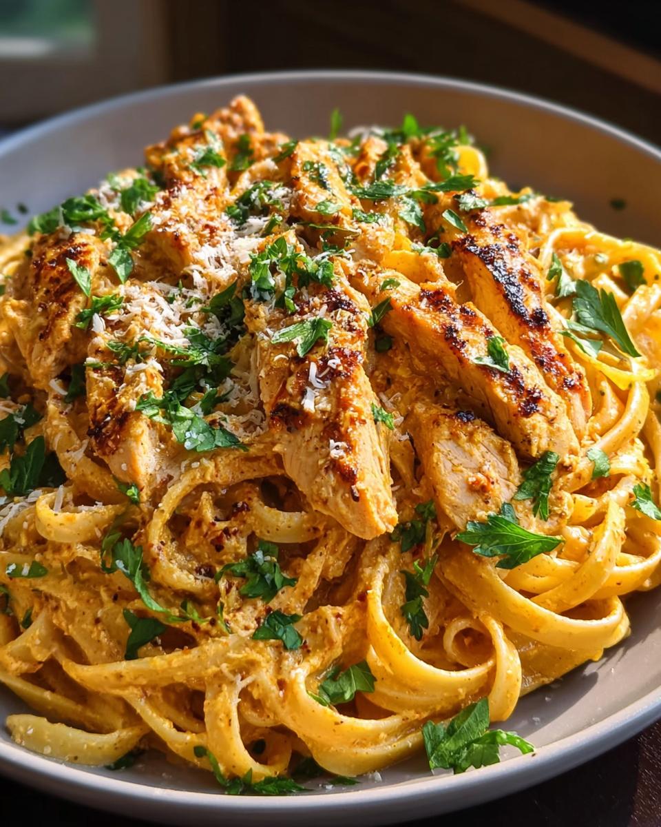 A close-up of creamy Cowboy Butter Chicken Linguine topped with sliced grilled chicken and fresh parsley.
