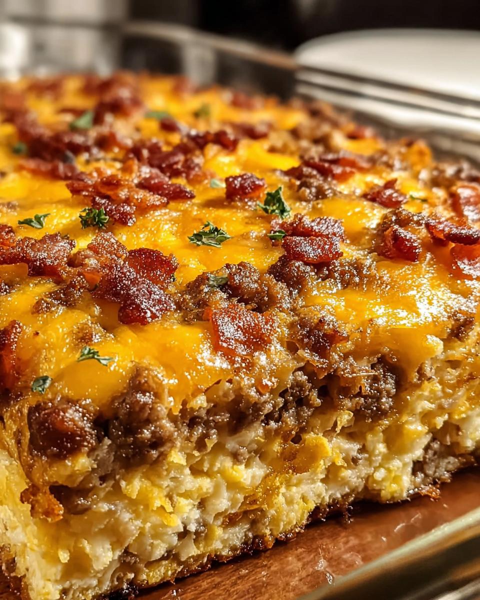 A close-up of a hearty slice of Crack Breakfast Casserole, topped with melted cheese and crispy bacon bits.