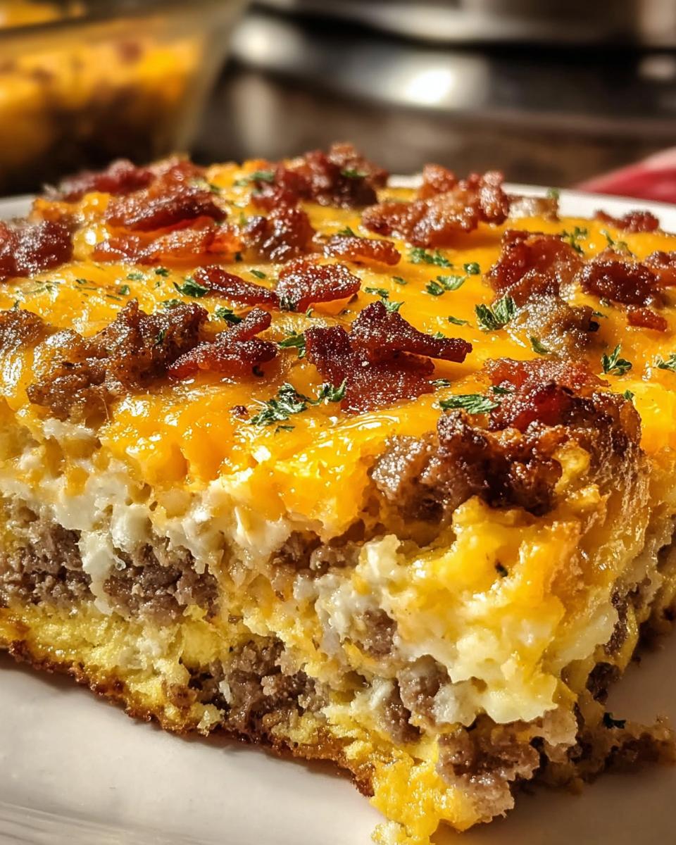 A delicious slice of crack breakfast casserole topped with melted cheese, crumbled bacon, and parsley.