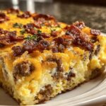 A close-up of a slice of crack breakfast casserole, topped with melted cheese and crispy bacon.