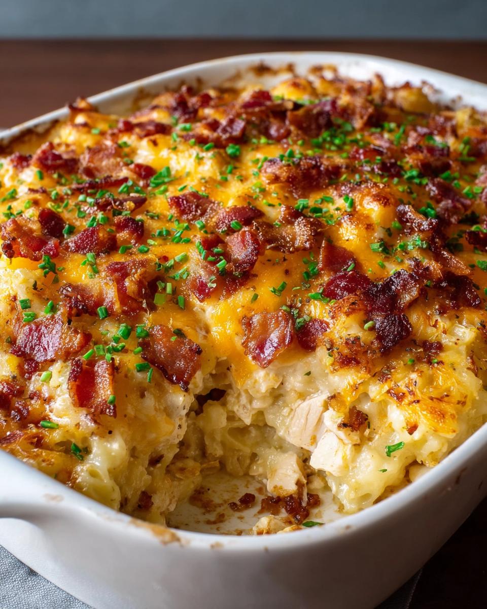 A close-up of a baked Crack Chicken Casserole topped with melted cheese, crispy bacon, and chives.