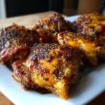 Close-up of perfectly baked chicken thighs seasoned with herbs and spices, ready to be served.