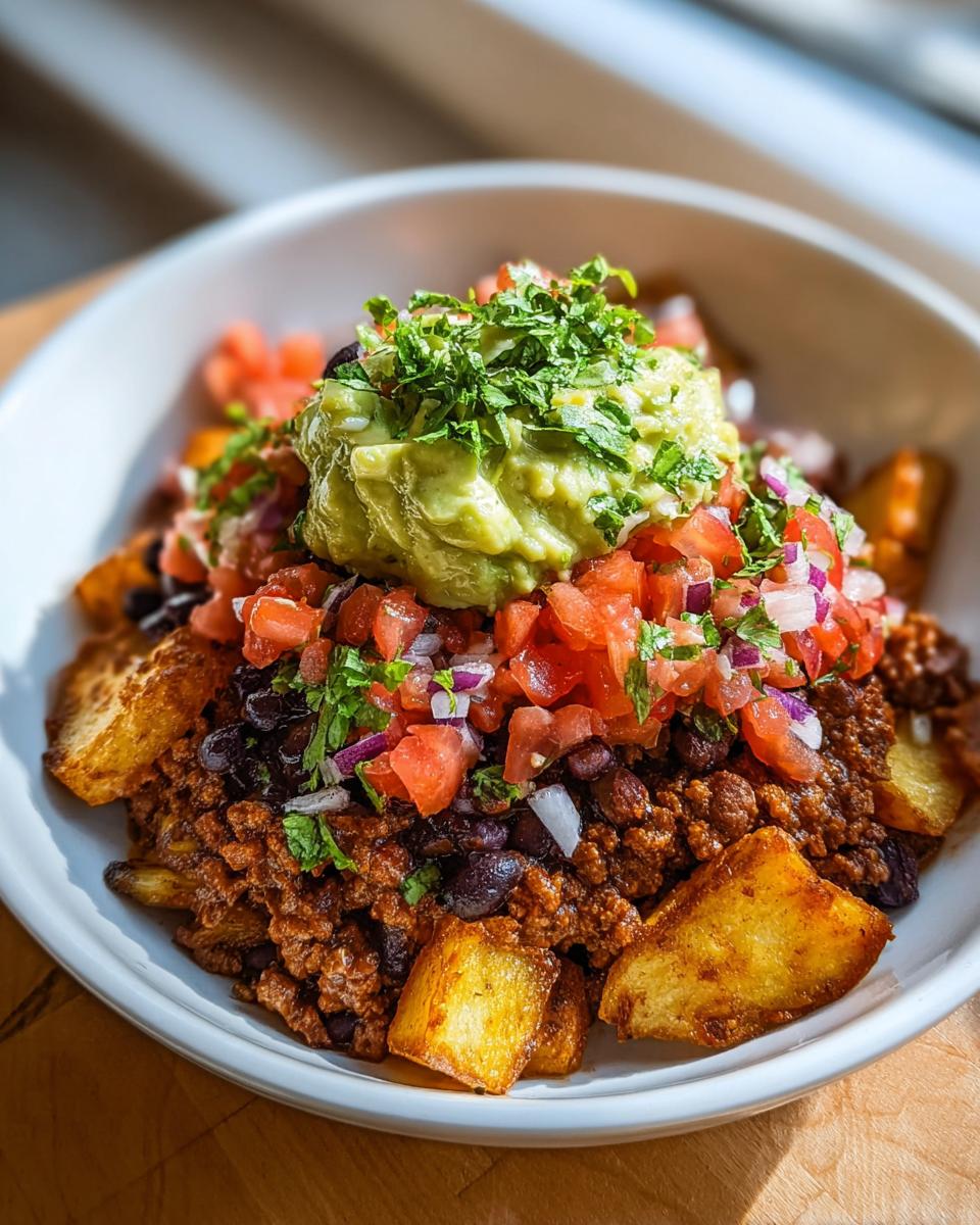 A delicious bowl of crave-worthy ground beef recipe with crispy potatoes, black beans, pico de gallo, and guacamole.
