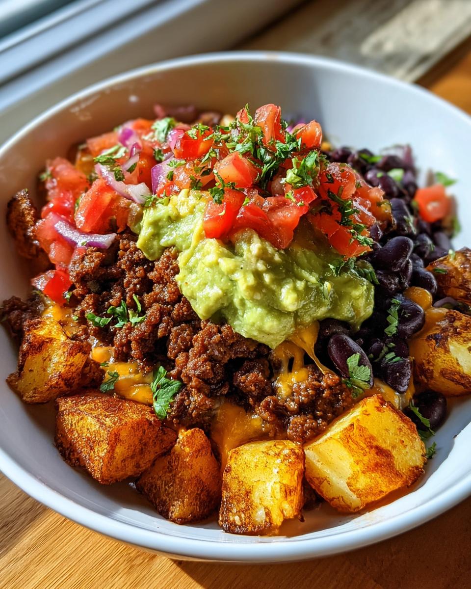 A delicious bowl of crave-worthy ground beef recipe with crispy potatoes, black beans, guacamole, pico de gallo, and melted cheese.