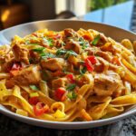 A close-up of a bowl of Creamy Cajun Chicken Pasta with fettuccine noodles, chicken pieces, bell peppers, and parsley.