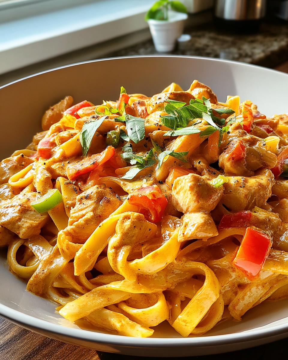 A close-up of creamy Cajun chicken pasta with red and green bell peppers, garnished with fresh basil.