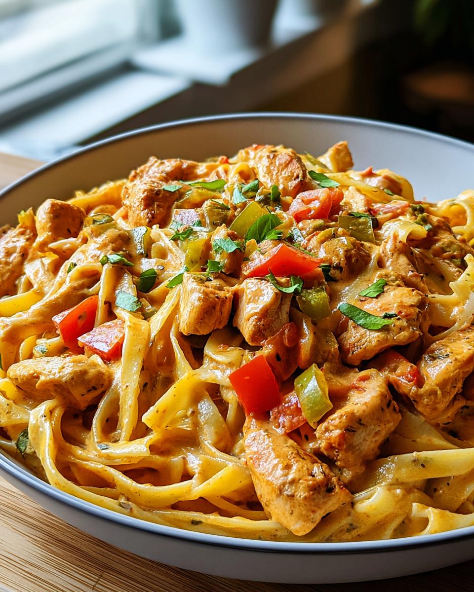 A close-up of a bowl of Creamy Cajun Chicken Pasta, featuring fettuccine noodles, tender chicken pieces, and colorful bell peppers in a rich sauce.