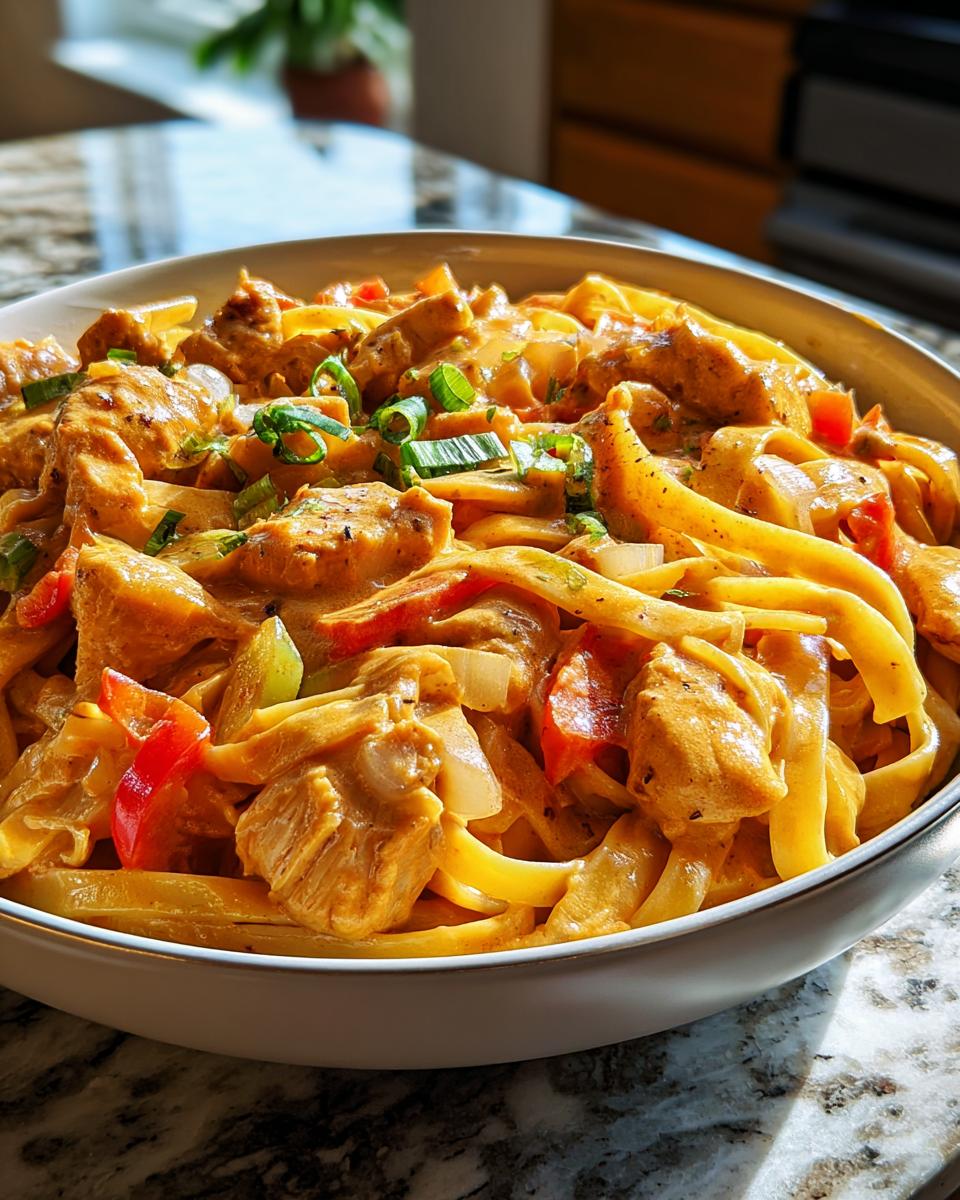 A close-up of a bowl filled with Creamy Cajun Chicken Pasta, featuring fettuccine noodles, chicken pieces, bell peppers, and green onions.