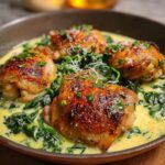 Close-up of pan-seared Creamy Chicken Thighs with Spinach in a rich, yellow sauce, garnished with parsley and parmesan.