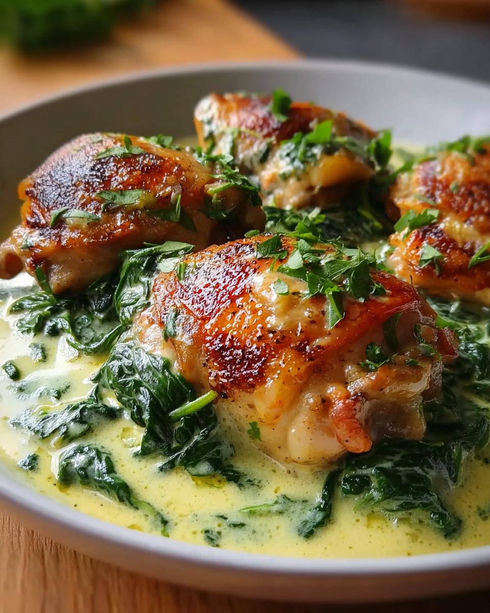 Golden-brown seared chicken thighs served in a creamy sauce with wilted spinach, garnished with fresh parsley.