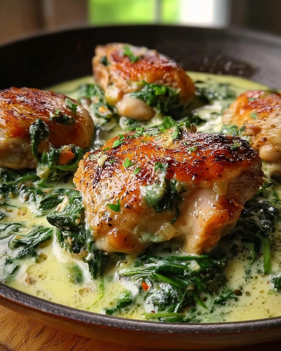Close-up of golden-brown Creamy Chicken Thighs with Spinach in a rich, creamy sauce.