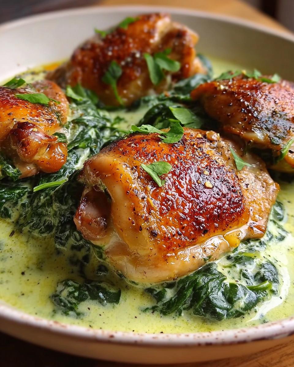 Close-up of pan-seared chicken thighs served over a bed of creamy spinach.