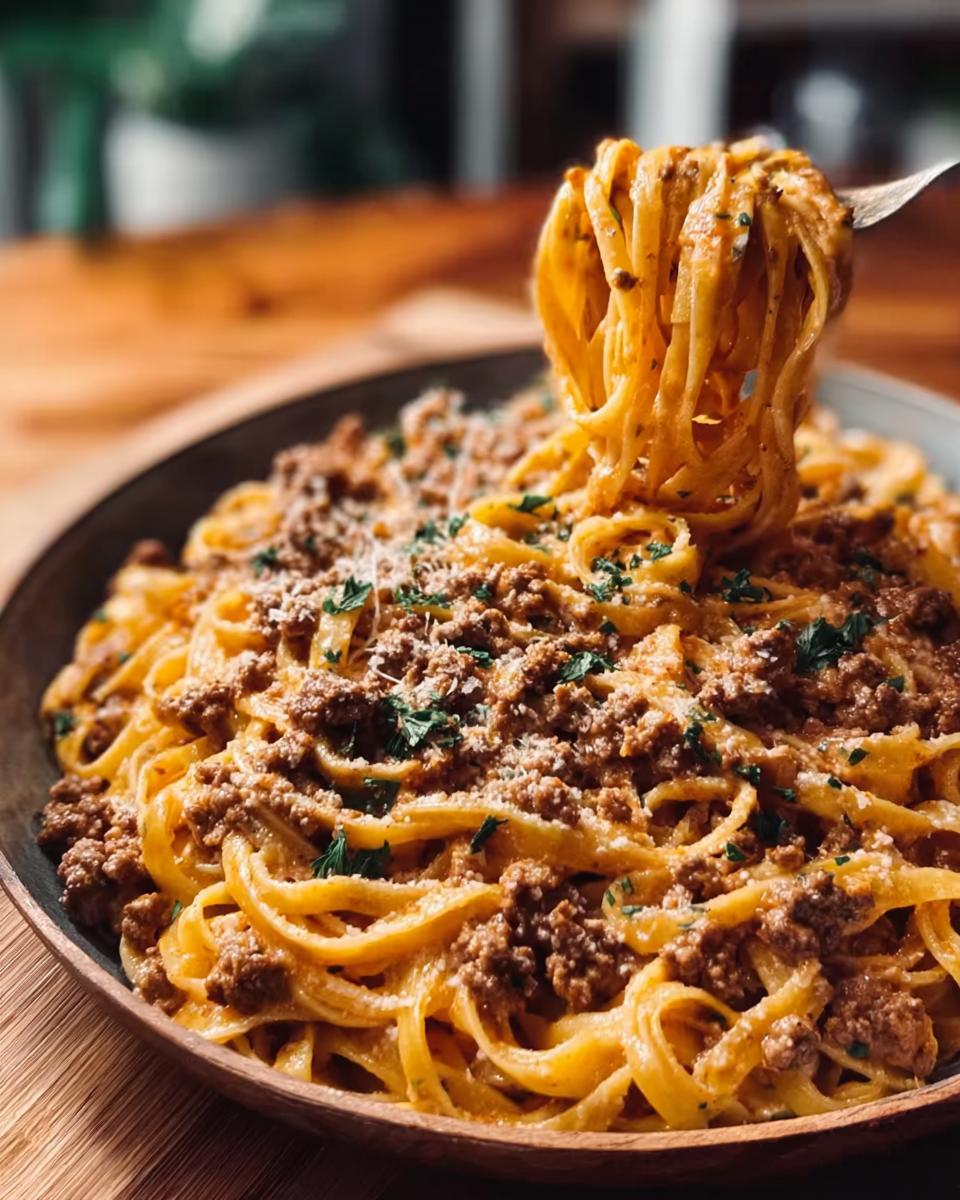 A fork twirls a generous portion of creamy garlic beef pasta, garnished with parsley.