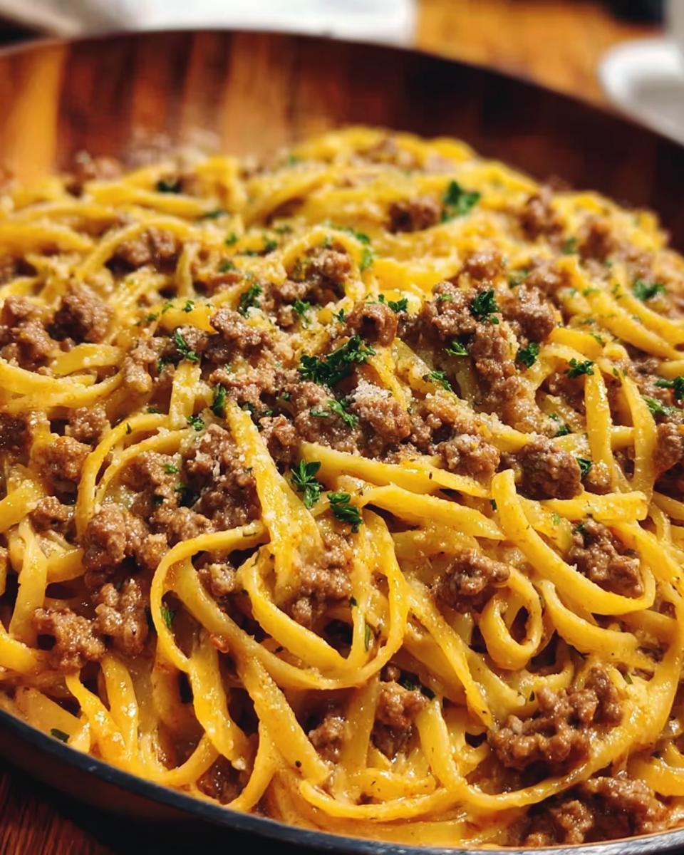 Close-up of creamy garlic beef pasta, featuring fettuccine noodles and seasoned ground beef, garnished with parsley.
