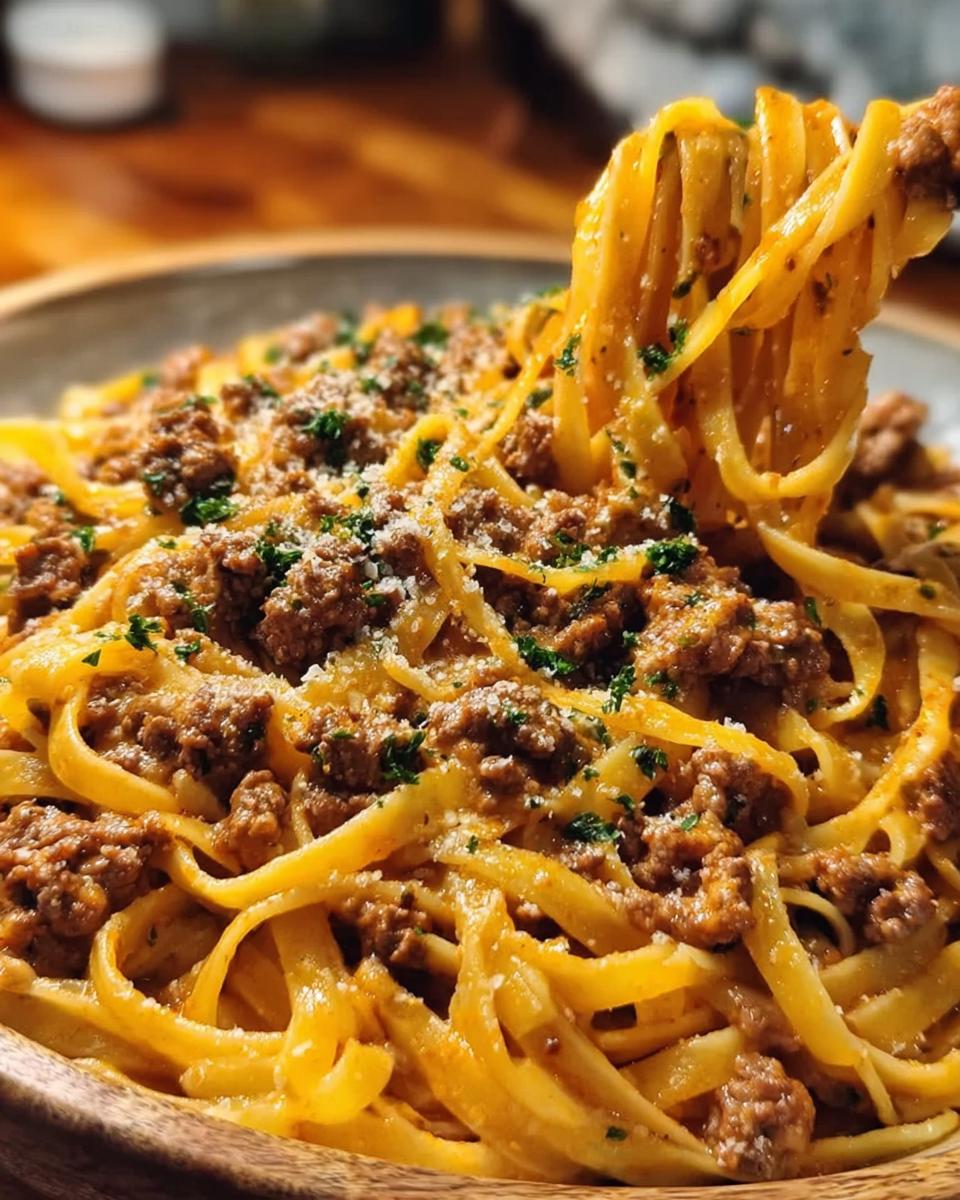 Close-up of creamy garlic beef pasta with fettuccine, topped with parsley and parmesan.