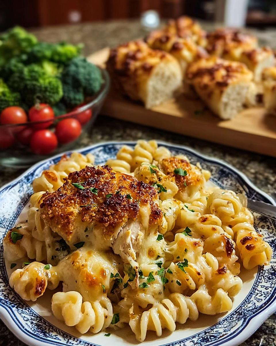 Close-up of creamy garlic parmesan chicken pasta with a golden-brown chicken topping and melted cheese.