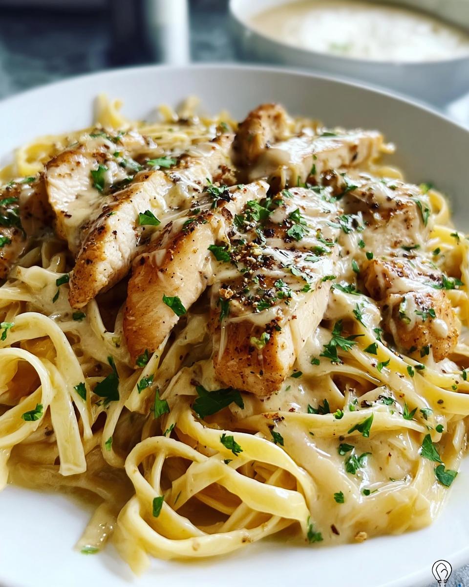 A close-up of Creamy Garlic Parmesan Chicken Pasta, featuring fettuccine noodles, sliced grilled chicken, and a rich sauce, garnished with parsley.