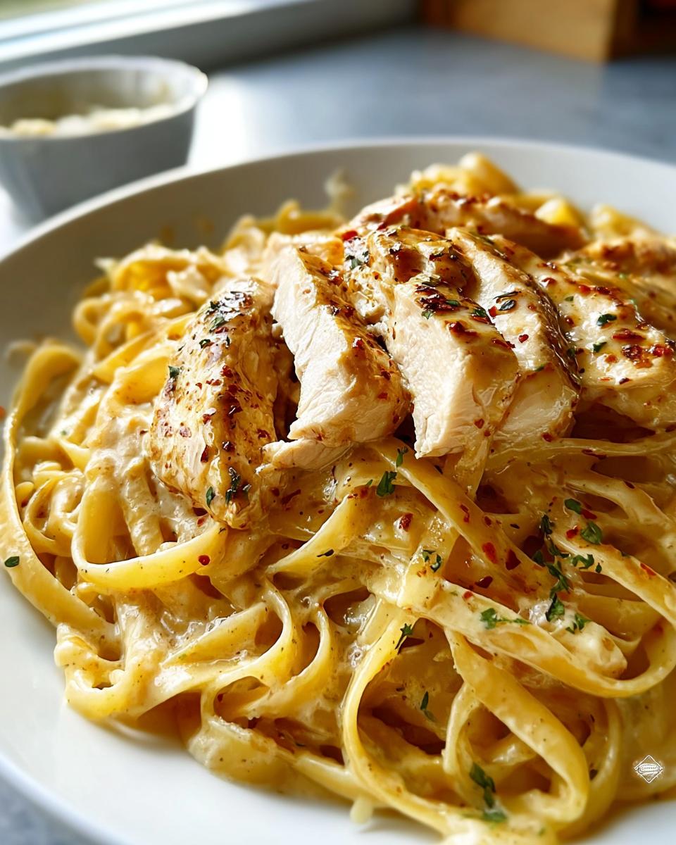 Close-up of creamy garlic parmesan chicken pasta, featuring fettuccine noodles coated in a rich sauce, topped with sliced chicken breast and herbs.