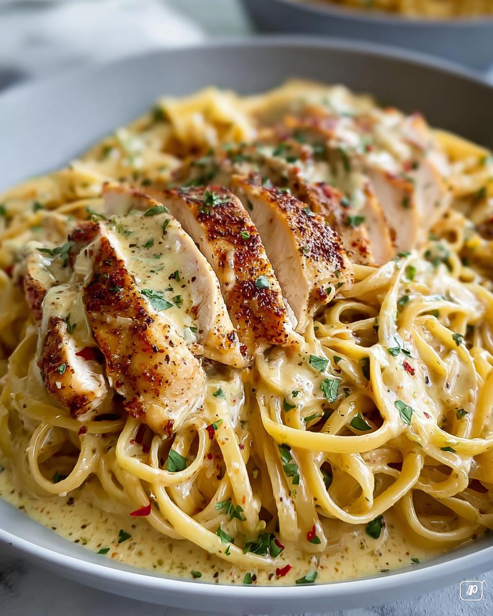 A close-up of Creamy Garlic Parmesan Chicken Pasta, featuring sliced chicken breast over linguine in a rich sauce, garnished with parsley.